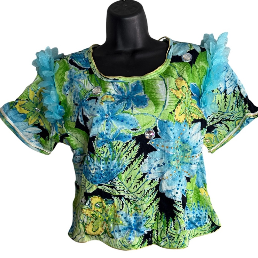 VTG  Boho chic cropped top floral embellished blouse Cotton blend  Zipper SZ M
